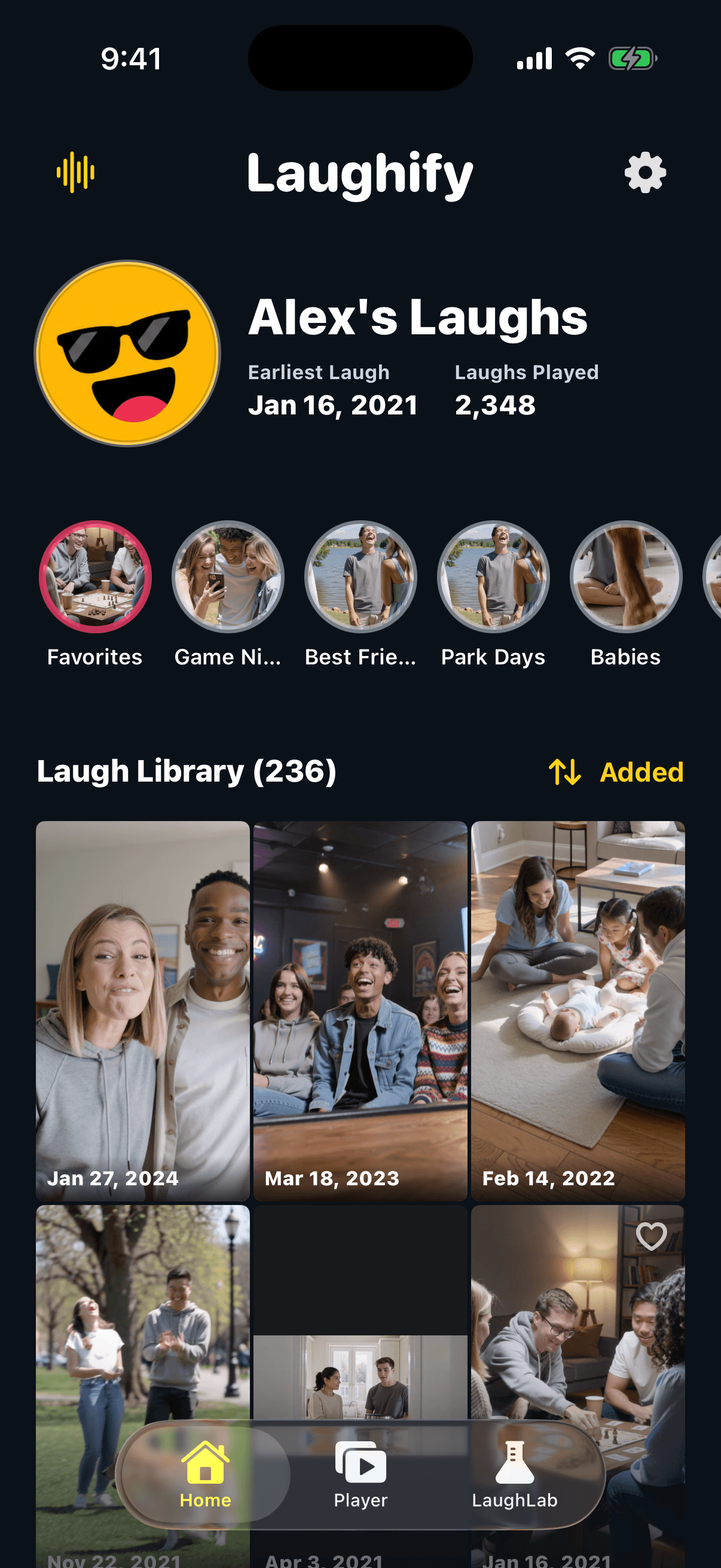 Laughify home screen showing a private laugh library built from detected videos