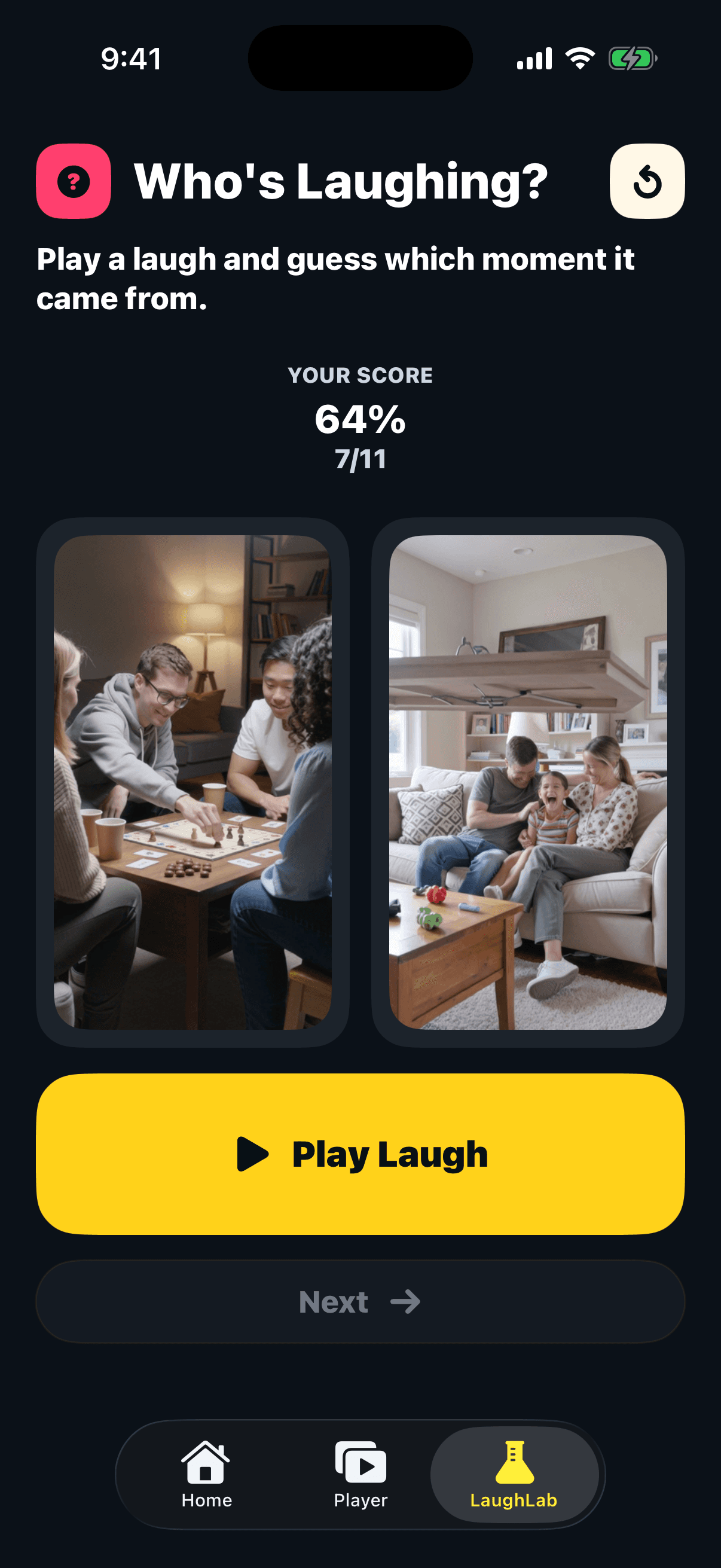Laughify Who's Laughing game with a 64 percent score across 11 tries